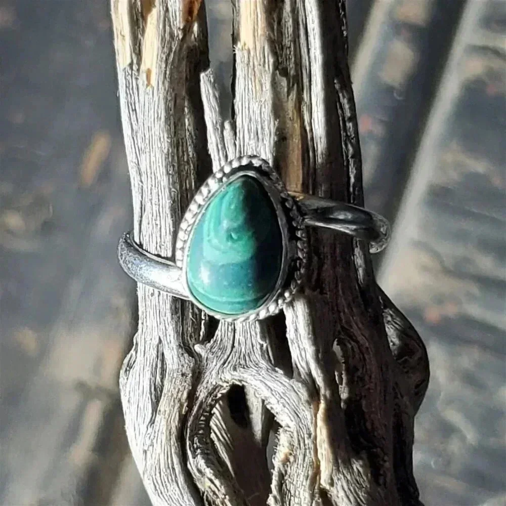 Artisan India Green Malachite 925 Sterling Silver Plated Gemstone Ring Size 6.5